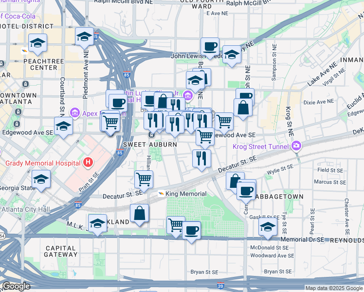 map of restaurants, bars, coffee shops, grocery stores, and more near in Atlanta