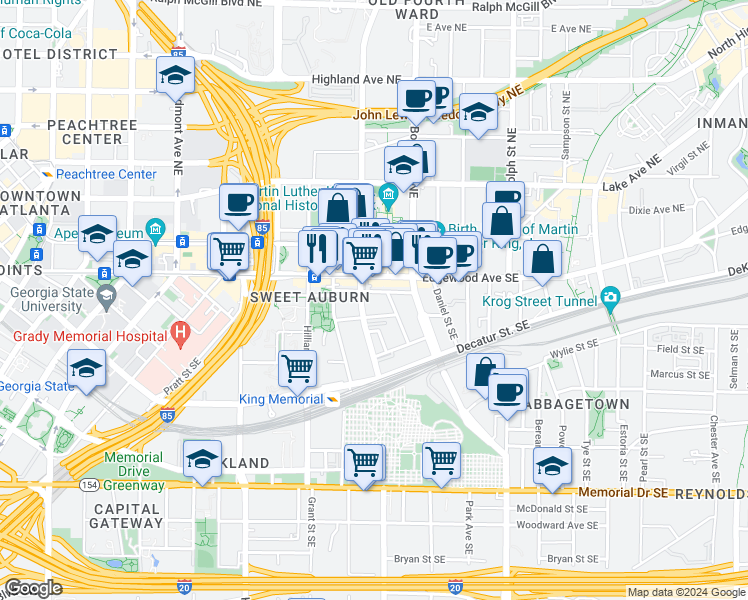 map of restaurants, bars, coffee shops, grocery stores, and more near in Atlanta