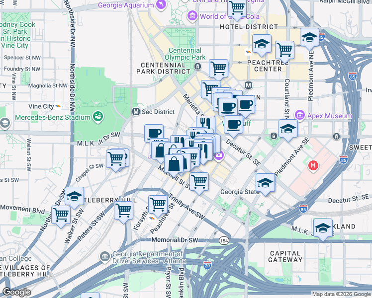 map of restaurants, bars, coffee shops, grocery stores, and more near 41 Broad Street Southwest in Atlanta