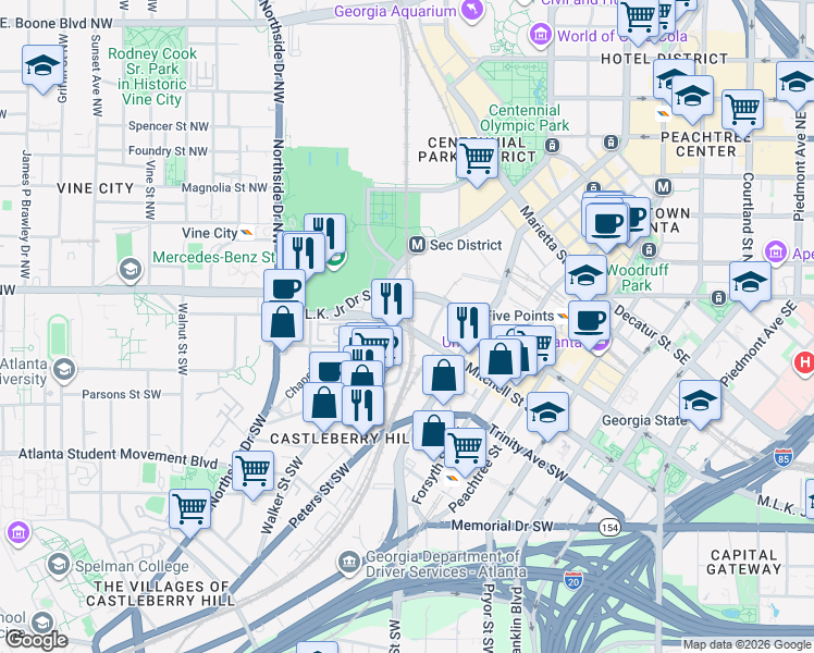 map of restaurants, bars, coffee shops, grocery stores, and more near 26 Elliott Street Southwest in Atlanta