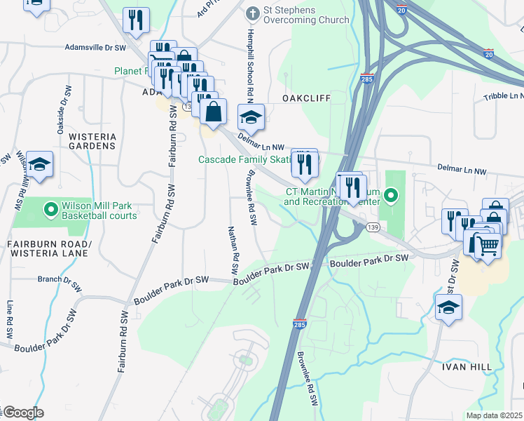 map of restaurants, bars, coffee shops, grocery stores, and more near 3426 Treadwell Circle Southwest in Atlanta