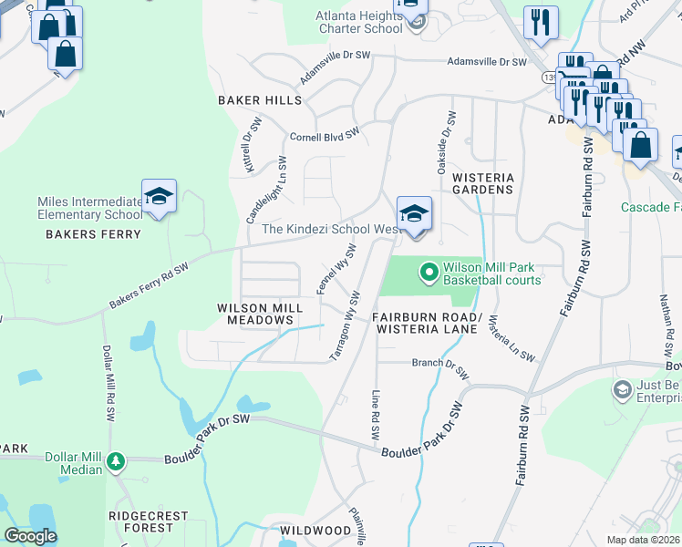 map of restaurants, bars, coffee shops, grocery stores, and more near 3964 Fennel Circle Southwest in Atlanta
