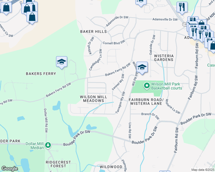 map of restaurants, bars, coffee shops, grocery stores, and more near 3991 Ester Drive Southwest in Atlanta