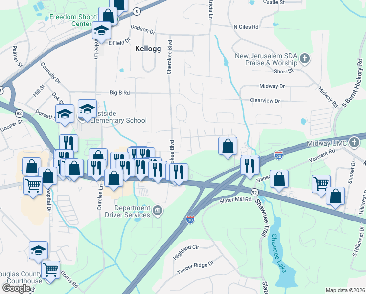 map of restaurants, bars, coffee shops, grocery stores, and more near 8388 Cherokee Boulevard in Douglasville