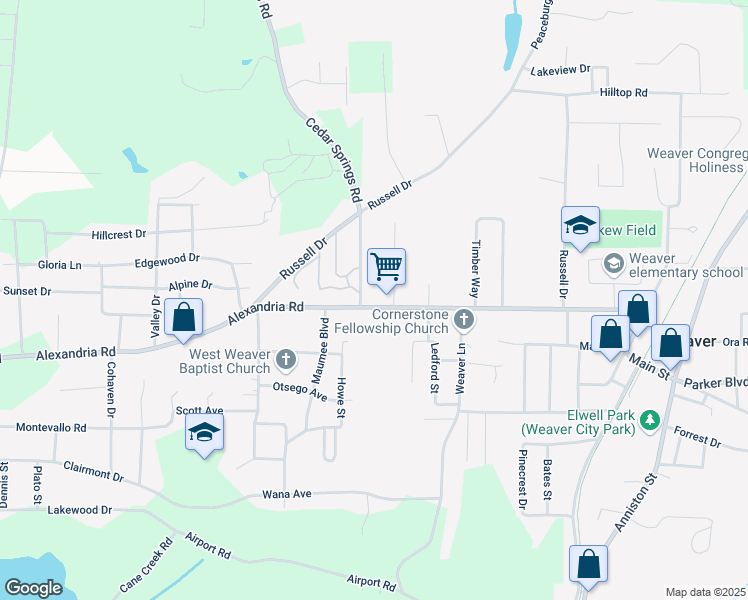 map of restaurants, bars, coffee shops, grocery stores, and more near 805 Alexandria Road in Weaver