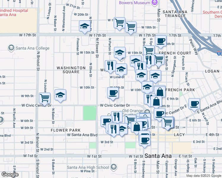 map of restaurants, bars, coffee shops, grocery stores, and more near 853 North Parton Street in Santa Ana