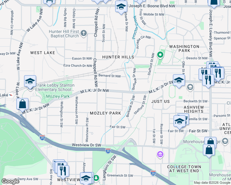 map of restaurants, bars, coffee shops, grocery stores, and more near 1313 Thurgood Street Southwest in Atlanta