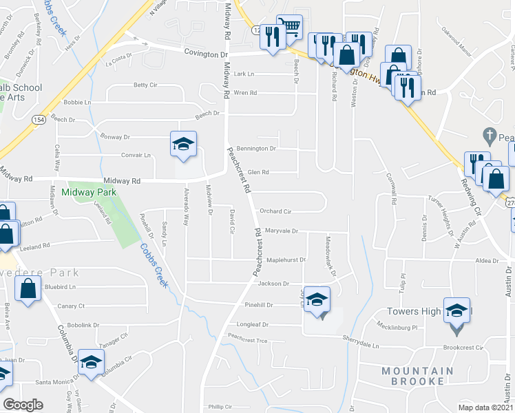 map of restaurants, bars, coffee shops, grocery stores, and more near 1364 Peachcrest Road in Decatur