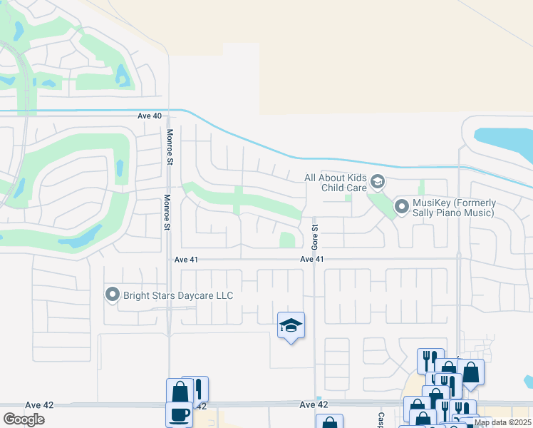 map of restaurants, bars, coffee shops, grocery stores, and more near 40745 Fortunato Court in Indio