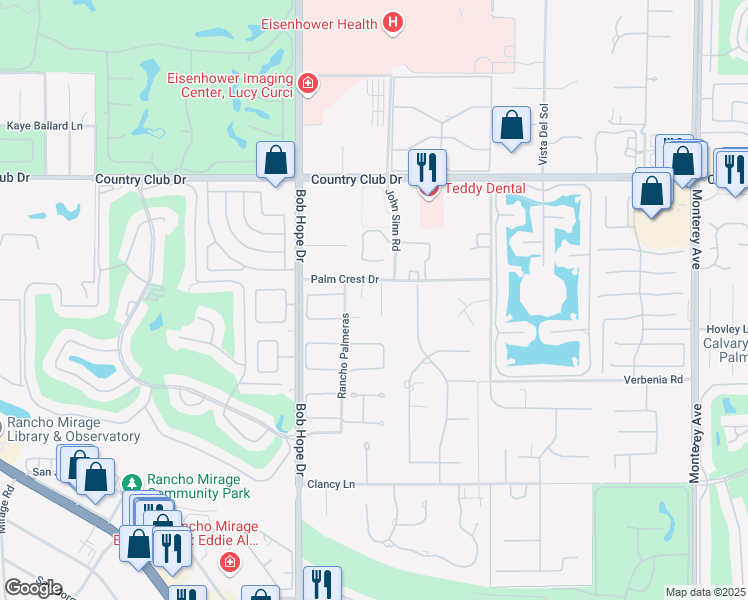 map of restaurants, bars, coffee shops, grocery stores, and more near 2 Desert Lark Circle in Rancho Mirage
