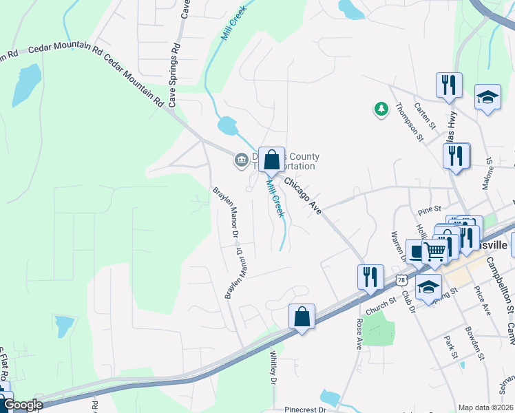 map of restaurants, bars, coffee shops, grocery stores, and more near 8488 Glenview Street in Douglasville