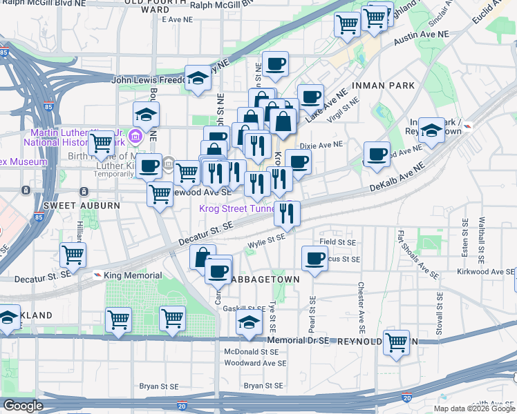 map of restaurants, bars, coffee shops, grocery stores, and more near 670 DeKalb Avenue Northeast in Atlanta