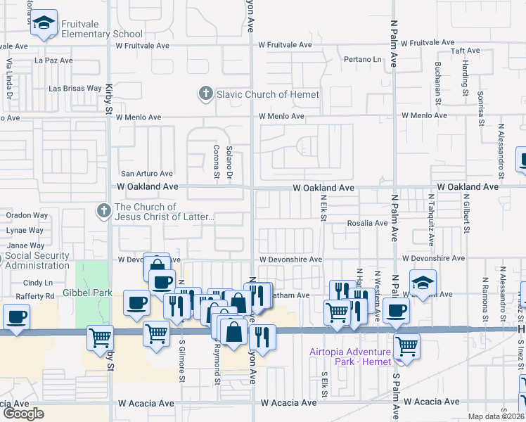 map of restaurants, bars, coffee shops, grocery stores, and more near 1525 West Oakland Avenue in Hemet