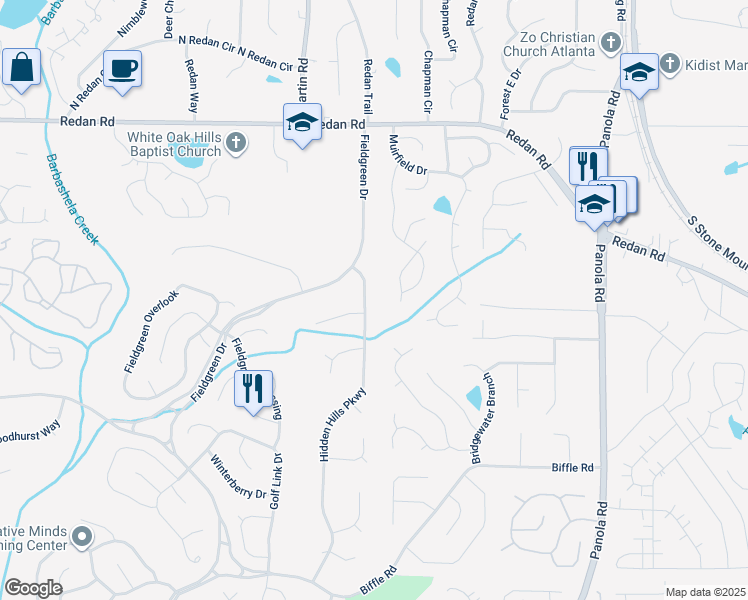 map of restaurants, bars, coffee shops, grocery stores, and more near 1352 Hidden Hills Parkway in Stone Mountain
