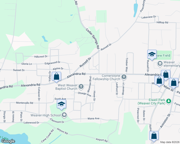 map of restaurants, bars, coffee shops, grocery stores, and more near 906 Alexandria Road in Weaver