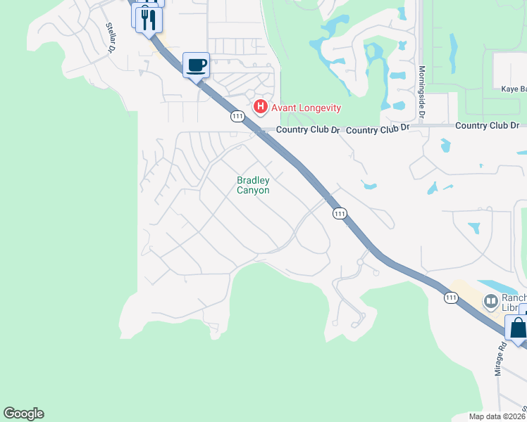 map of restaurants, bars, coffee shops, grocery stores, and more near 70461 Placerville Road in Rancho Mirage