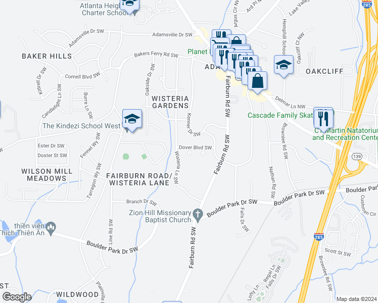 map of restaurants, bars, coffee shops, grocery stores, and more near 3789 Brook Way Southwest in Atlanta