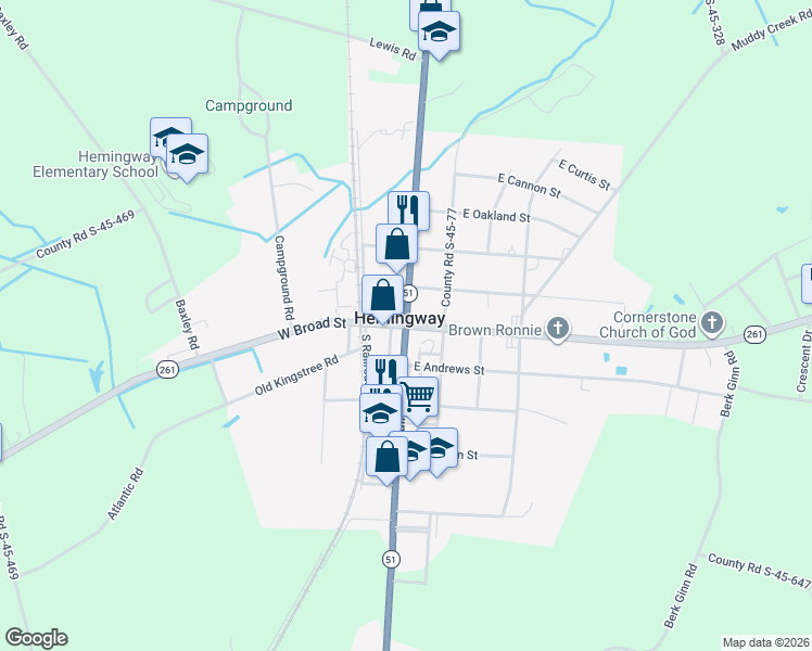 map of restaurants, bars, coffee shops, grocery stores, and more near South Carolina 261 in Hemingway