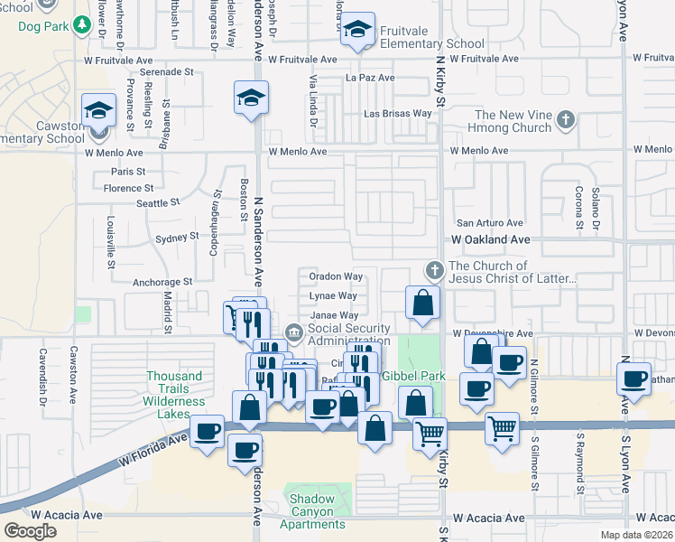 map of restaurants, bars, coffee shops, grocery stores, and more near 2956 Oradon Way in Hemet