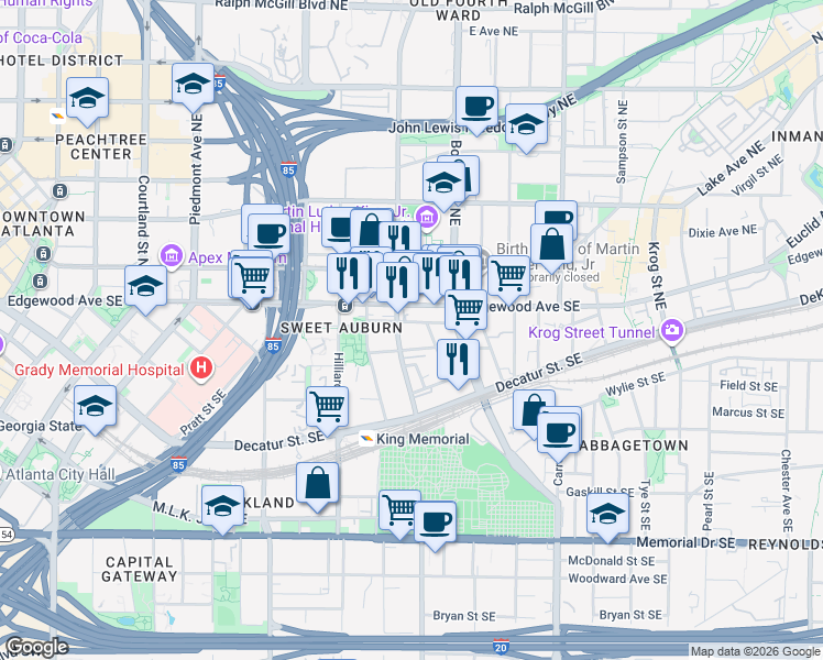 map of restaurants, bars, coffee shops, grocery stores, and more near in Atlanta