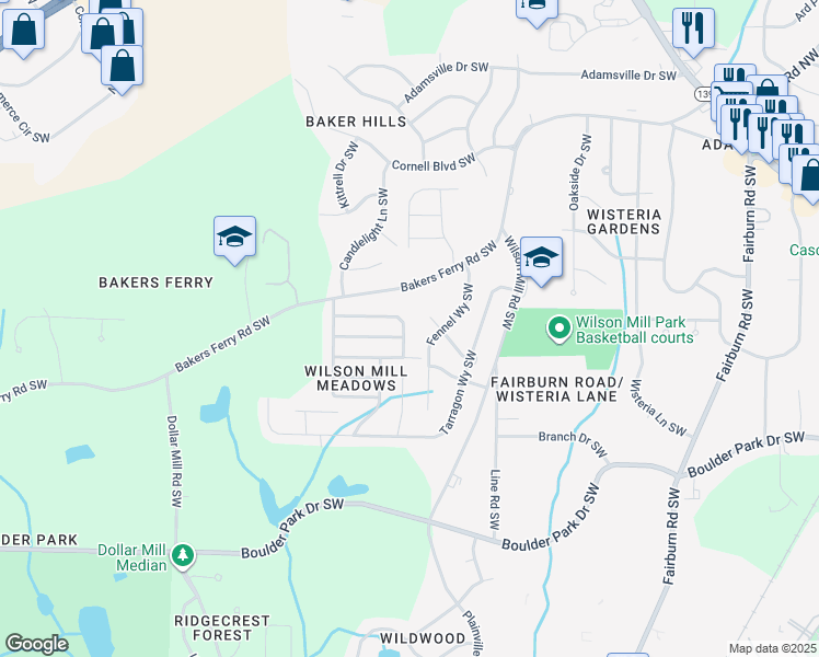 map of restaurants, bars, coffee shops, grocery stores, and more near 3991 Ester Drive Southwest in Atlanta
