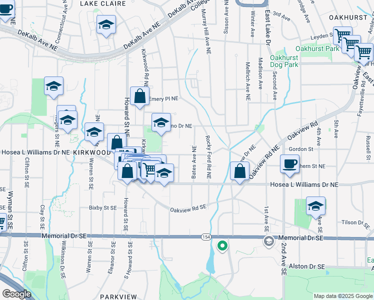 map of restaurants, bars, coffee shops, grocery stores, and more near 2127 Ridgedale Road Northeast in Atlanta