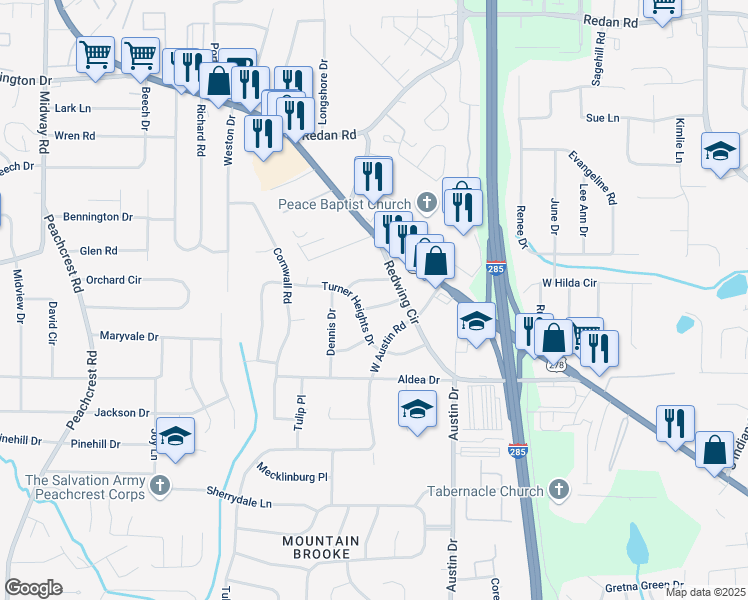 map of restaurants, bars, coffee shops, grocery stores, and more near 3716 Loren Drive in Decatur