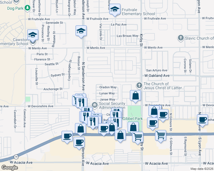 map of restaurants, bars, coffee shops, grocery stores, and more near 2980 Oradon Way in Hemet