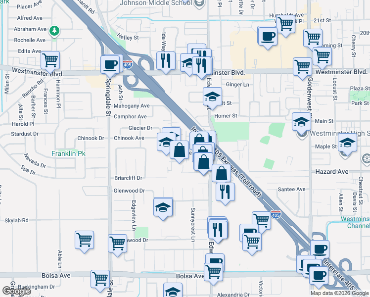 map of restaurants, bars, coffee shops, grocery stores, and more near 14371 Cambria Court in Westminster
