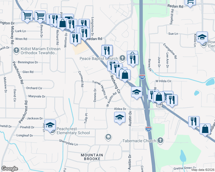 map of restaurants, bars, coffee shops, grocery stores, and more near 3723 Loren Drive in Decatur
