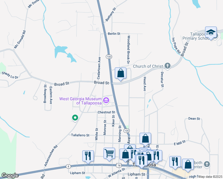 map of restaurants, bars, coffee shops, grocery stores, and more near 438 Bowdon Street in Tallapoosa