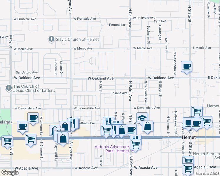 map of restaurants, bars, coffee shops, grocery stores, and more near 1175 Valencia Avenue in Hemet