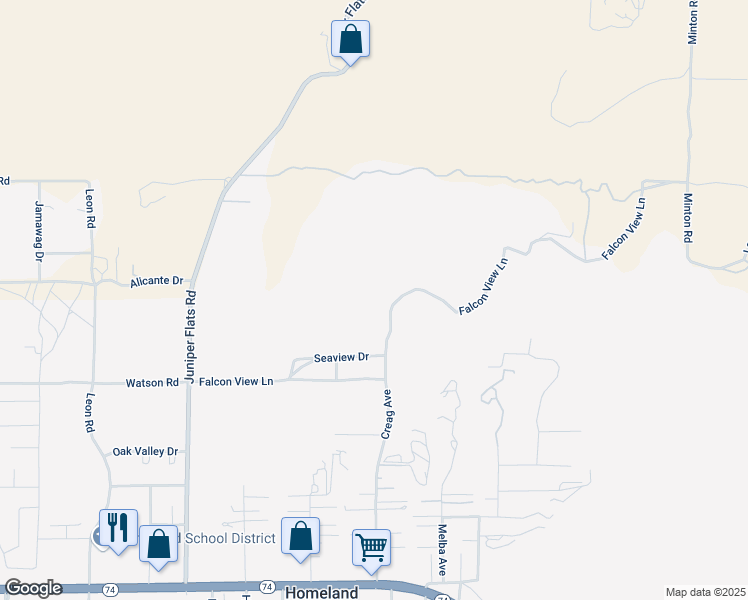map of restaurants, bars, coffee shops, grocery stores, and more near Skunk Street in Homeland
