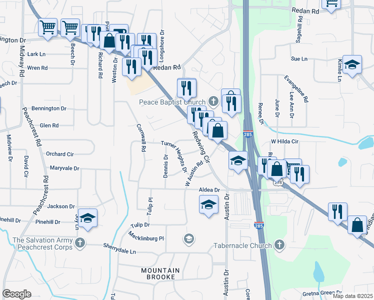 map of restaurants, bars, coffee shops, grocery stores, and more near 3723 Loren Drive in Decatur