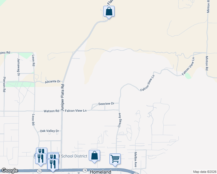 map of restaurants, bars, coffee shops, grocery stores, and more near Falcon View Lane in Homeland