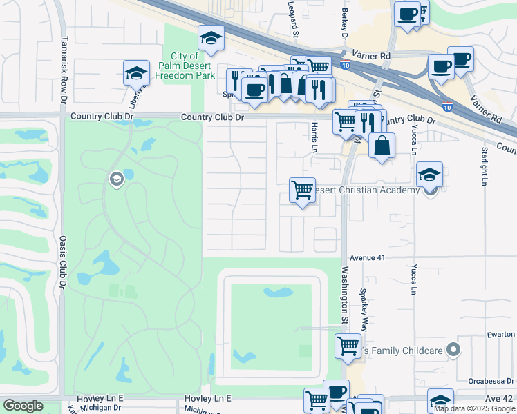 map of restaurants, bars, coffee shops, grocery stores, and more near 77711 Cheviot Court in Palm Desert