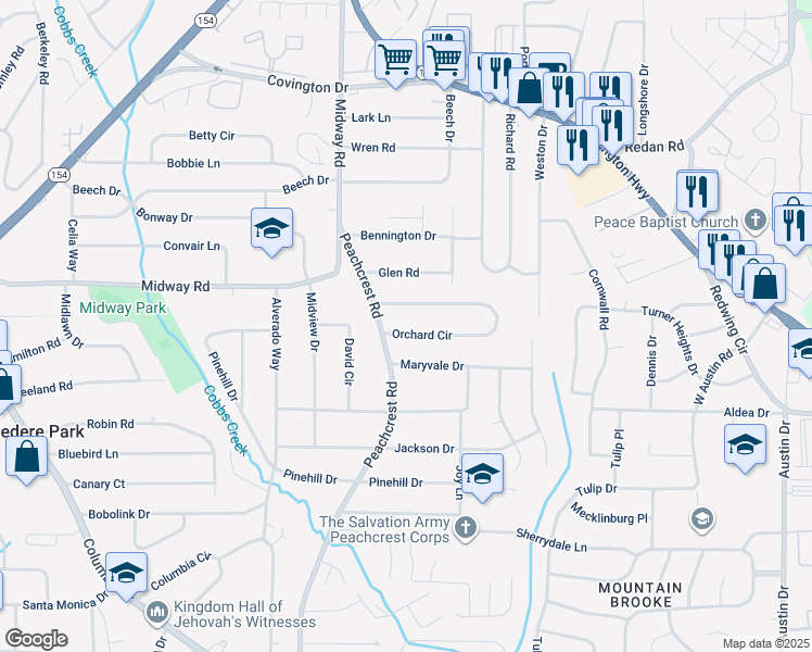 map of restaurants, bars, coffee shops, grocery stores, and more near 3633 Orchard Circle in Decatur