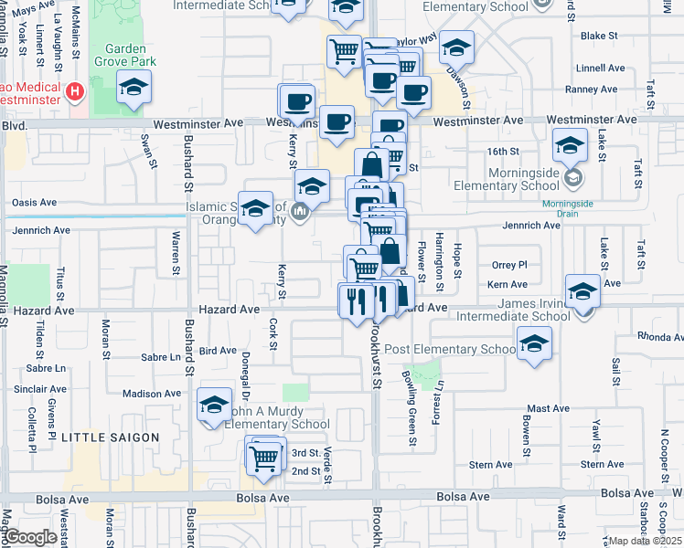 map of restaurants, bars, coffee shops, grocery stores, and more near 9884 11th Street in Garden Grove