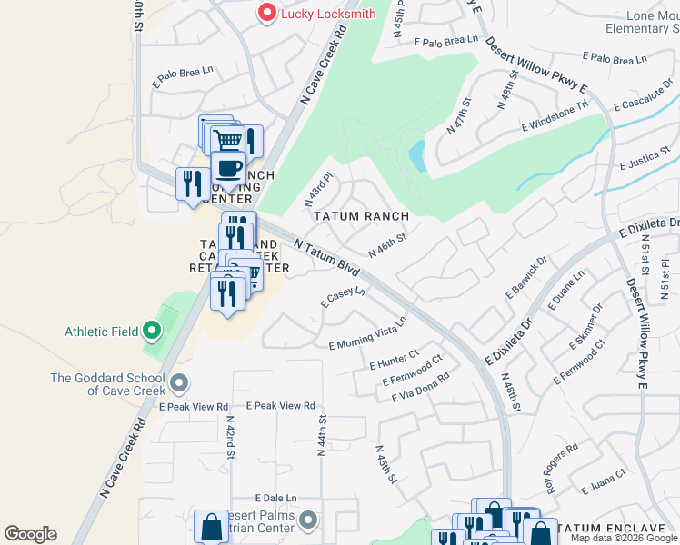 map of restaurants, bars, coffee shops, grocery stores, and more near 4528 East Casey Lane in Cave Creek