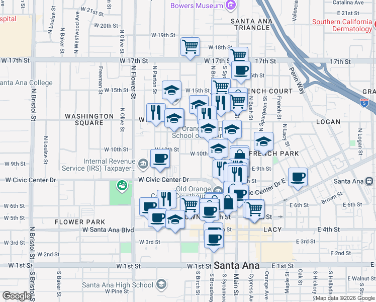 map of restaurants, bars, coffee shops, grocery stores, and more near 405 West 10th Street in Santa Ana