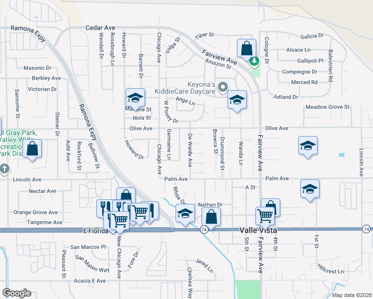 map of restaurants, bars, coffee shops, grocery stores, and more near 25397 De Waide Avenue in Hemet