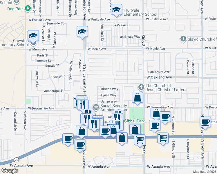 map of restaurants, bars, coffee shops, grocery stores, and more near 2980 Oradon Way in Hemet