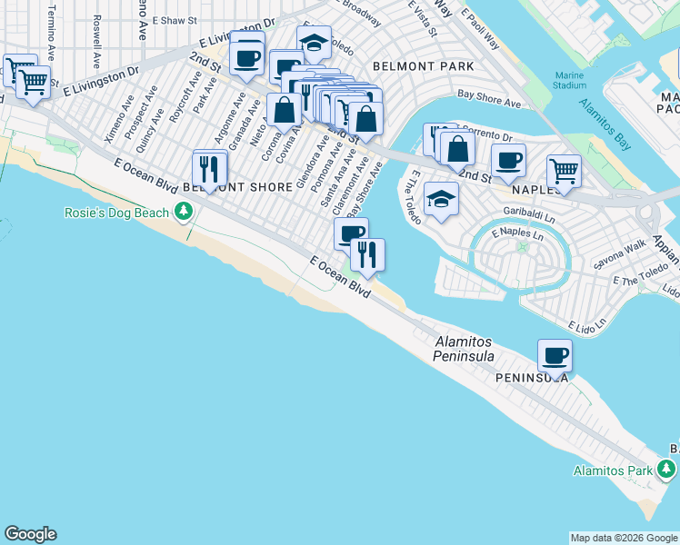 map of restaurants, bars, coffee shops, grocery stores, and more near East Ocean Boulevard & 54th Place in Long Beach