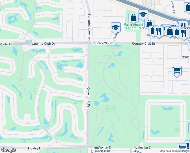 map of restaurants, bars, coffee shops, grocery stores, and more near 40511 Pebble Beach Circle in Palm Desert