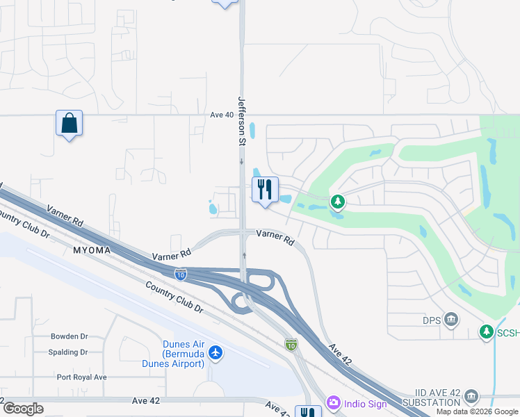 map of restaurants, bars, coffee shops, grocery stores, and more near 80081 Camino Santa Elise in Indio