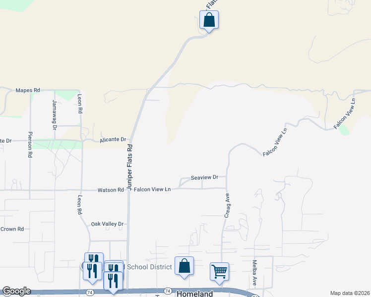 map of restaurants, bars, coffee shops, grocery stores, and more near Falcon View Lane in Homeland