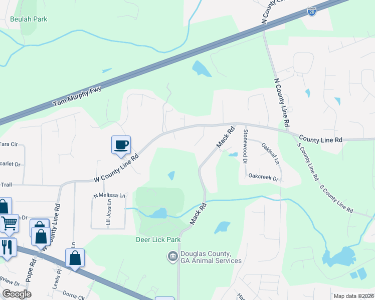 map of restaurants, bars, coffee shops, grocery stores, and more near 1921 Mack Road in Douglasville