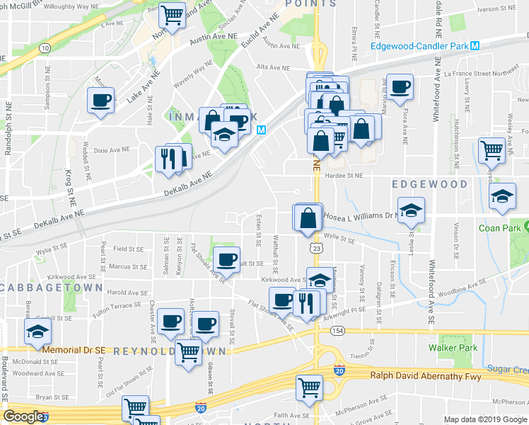 map of restaurants, bars, coffee shops, grocery stores, and more near 1057 Boulevard Drive Southeast in Atlanta