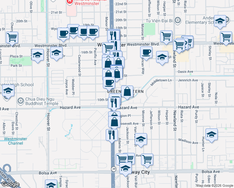 map of restaurants, bars, coffee shops, grocery stores, and more near in Westminster