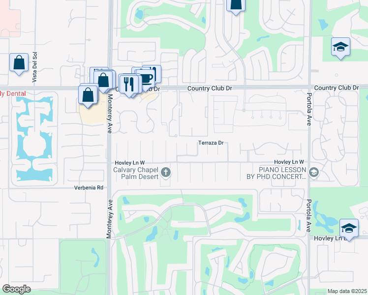 map of restaurants, bars, coffee shops, grocery stores, and more near 40665 Ventana Court in Palm Desert